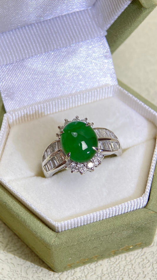 Pt900 Platinum&Jadeite and Diamond Ring | Jadeite 2.48ct | Diamond 0.72ct | Japanese Vintage Estate Jewelry-BQYW