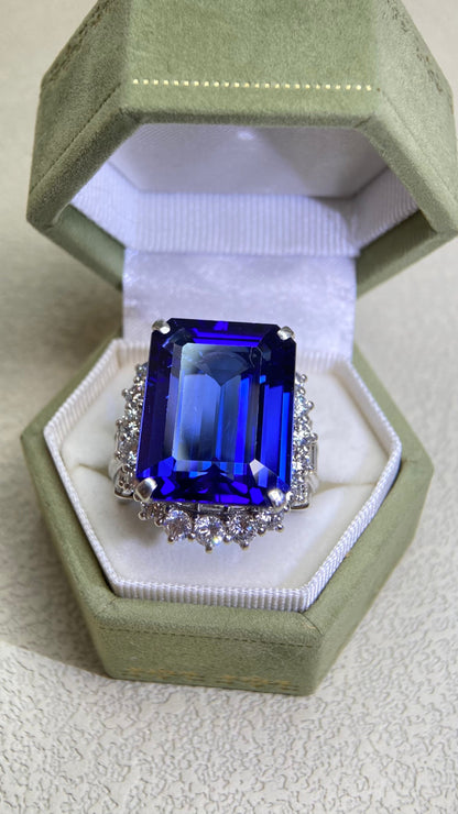 Pt900 Platinum&Tanzanite and Diamond Ring |Tanzanite 25.17ct | Diamond 3.63ct | Japanese Vintage Estate Jewelry-BPWA