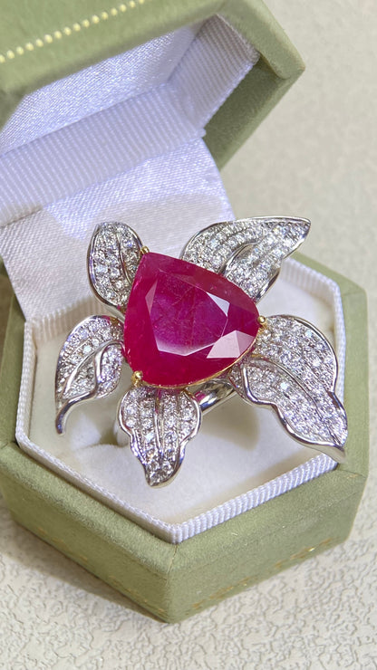 K18 Gold/750&Ruby and Diamond Flower Ring | Ruby 8.54ct | Diamond 1.16ct |Japanese Vintage Estate Jewelry-BQPE