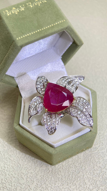 K18 Gold/750&Ruby and Diamond Flower Ring | Ruby 8.54ct | Diamond 1.16ct |Japanese Vintage Estate Jewelry-BQPE