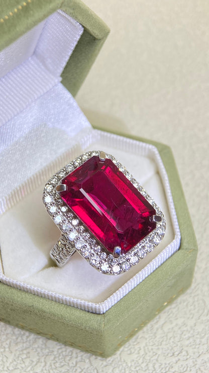 Pt950 Platinum&Rubellite and Diamond Ring | Rubellite 14.51ct | Diamond 1.63ct | Japanese Vintage Estate Jewelry-BAIG