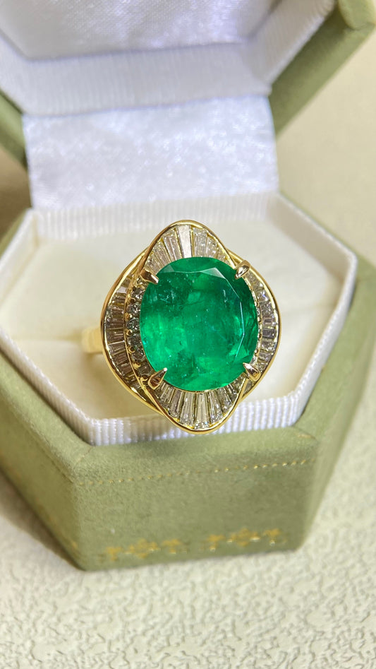K18ゴールド＆エメラルド＆ダイヤモンドリング｜エメラルド4.85カラット、ダイヤモンド1.00カラット｜コロンビア産ムゾグリーン｜日本製ヴィンテージエステートジュエリー-BPWM