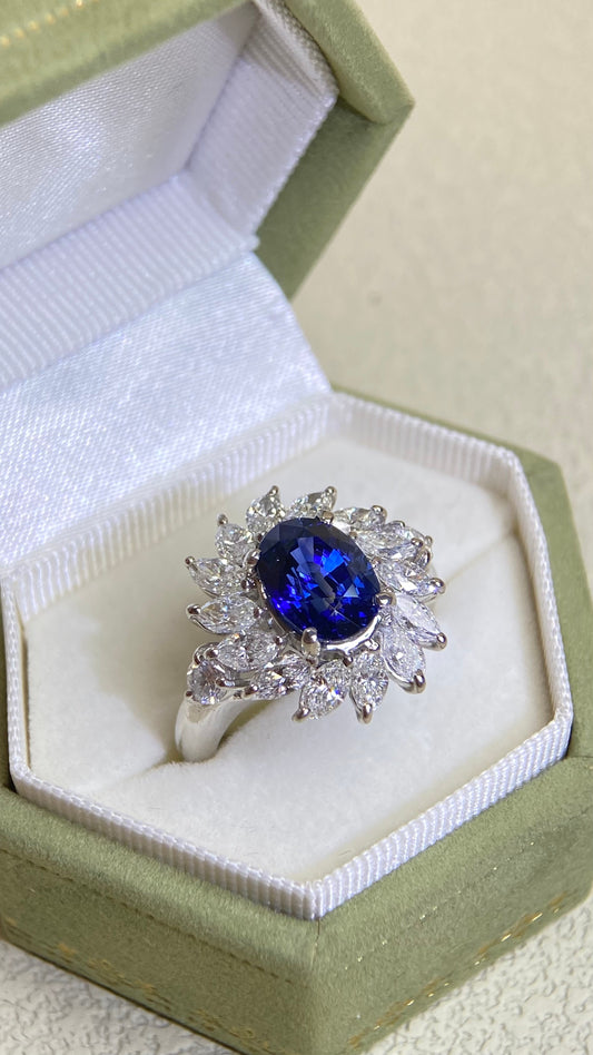 Pt900プラチナ＆サファイア＆ダイヤモンドリング｜サファイア2.70カラット｜ダイヤモンド1.85カラット｜スリランカ産ロイヤルブルー｜日本製ヴィンテージエステートジュエリー-BPZM