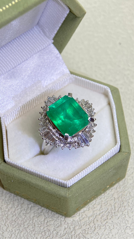 Pt900プラチナ＆エメラルド＆ダイヤモンドリング｜エメラルド8.39カラット｜ダイヤモンド1.17カラット｜日本製ヴィンテージエステートジュエリー-BGTM