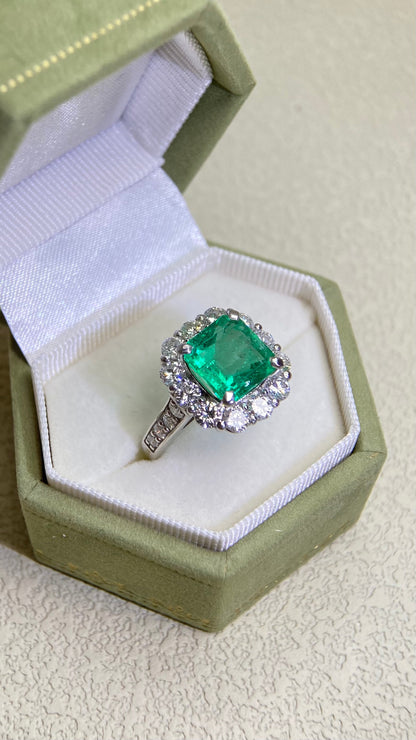 Pt950プラチナ＆エメラルド＆ダイヤモンドリング｜エメラルド2.99カラット｜ダイヤモンド1.51カラット｜日本製ヴィンテージエステートジュエリー-BDFJ