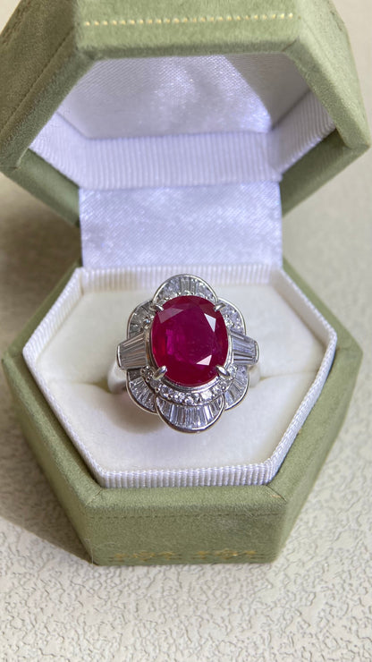 Pt900 Platinum&Ruby and Diamond Ring | Ruby 3.815ct | Diamond 1.31ct | Japanese Vintage Estate Jewelry-XMJH