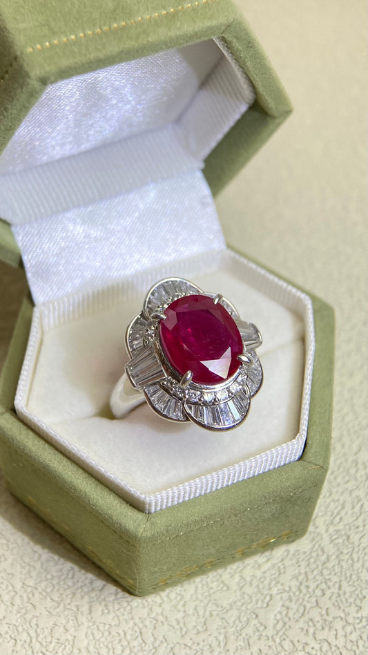 Pt900 Platinum&Ruby and Diamond Ring | Ruby 3.815ct | Diamond 1.31ct | Japanese Vintage Estate Jewelry-XMJH