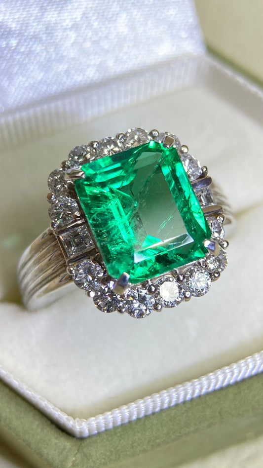 Pt900プラチナ＆エメラルド＆ダイヤモンドリング｜エメラルド3.48カラット｜ダイヤモンド1.03カラット｜日本製ヴィンテージエステートジュエリー-AIBR