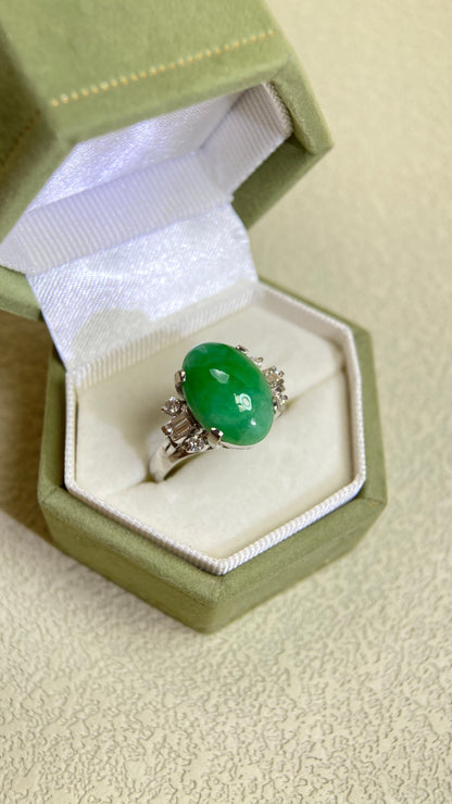 Pt850 Platinum&Jadeite and Diamond Ring | Jadeite 5.45ct | Diamond 0.37ct | Japanese Vintage Estate Jewelry-BPET