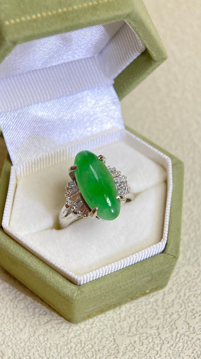 Pt900 Platinum&Jadeite and Diamond Ring | Jadeite 4.73ct | Diamond 0.55ct | Japanese Vintage Estate Jewelry-BQHW