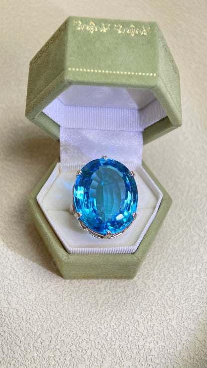 Pt900プラチナ＆ブルートパーズ＆ダイヤモンドリング｜ブルートパーズ 46.14カラット｜ダイヤモンド｜日本製ヴィンテージエステートジュエリー-BPXV