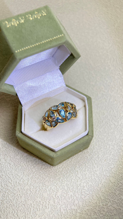 K18 Gold&Blue Topaz and Diamond Ring |Topaz 3.35ct | Diamond 0.199ct | Japanese Vintage Estate Jewelry-BPLX