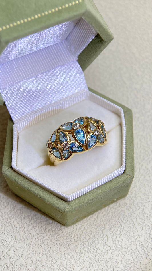 K18 Gold&Blue Topaz and Diamond Ring |Topaz 3.35ct | Diamond 0.199ct | Japanese Vintage Estate Jewelry-BPLX