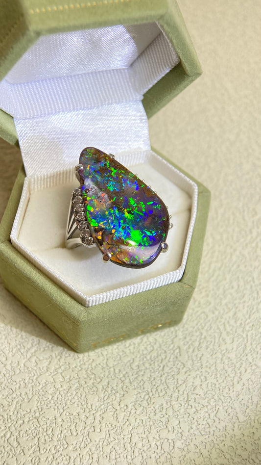 PM900 Platinum& Boulder Opal and Diamond Ring | Boulder Opal 15.84ct | Diamond 0.32ct | Japanese Vintage Estate Jewelry-BGLK