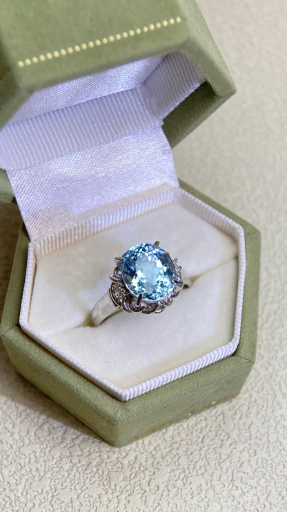 Pt900プラチナ＆アクアマリン＆ダイヤモンドリング｜アクアマリン 3.36ct｜ダイヤモンド 0.04ct｜日本製ヴィンテージエステートジュエリー-BPIY