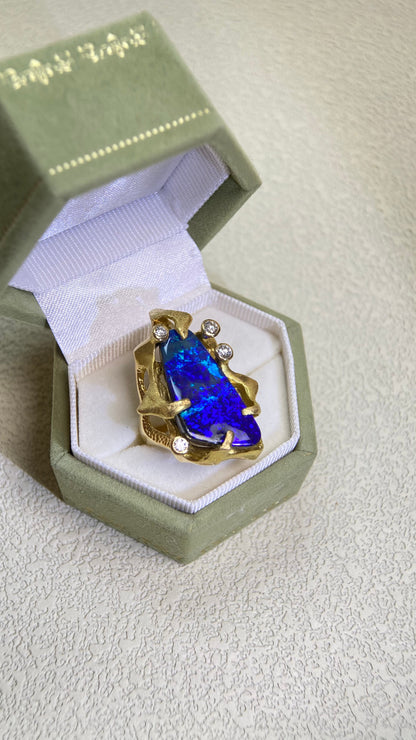 K18ゴールド＆ボルダーオパール＆ダイヤモンドリング｜ボルダーオパール 10.05ct｜ダイヤモンド 0.22ct｜日本製ヴィンテージエステートジュエリー-BKUP