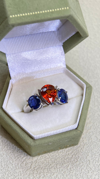 Pt900プラチナ＆スペサルティンガーネット＆サファイアリング｜ガーネット2.96カラット｜サファイア1.94カラット｜日本製ヴィンテージエステートジュエリー-BJPD