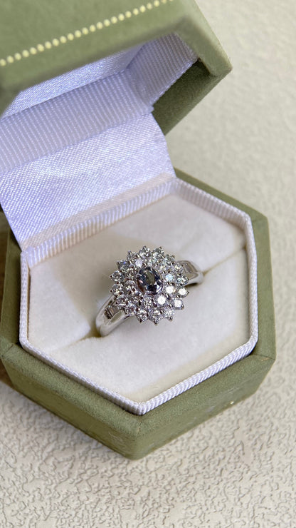 Pt850プラチナ＆アレキサンドライト＆ダイヤモンドリング｜アレキサンドライト0.15ct、ダイヤモンド0.75ct｜カラーチェンジ｜日本製ヴィンテージエステートジュエリー-BJLR