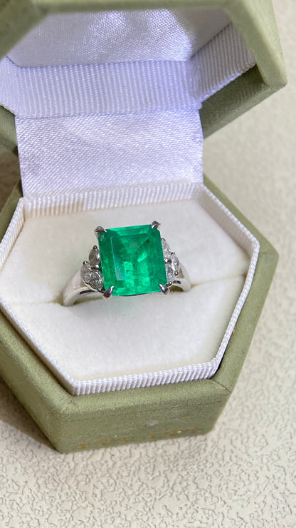 Pt850プラチナ＆エメラルド＆ダイヤモンドリング｜エメラルド4.22カラット｜ダイヤモンド0.35カラット｜日本製ヴィンテージエステートジュエリー-BQGH