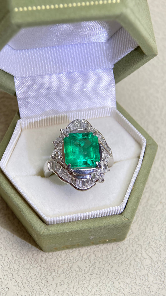 Pt850プラチナ＆エメラルド＆ダイヤモンドリング｜エメラルド3.01カラット｜ダイヤモンド1.48カラット｜コロンビア｜日本製ヴィンテージエステートジュエリー-BLNH