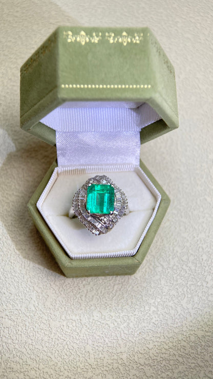 Pt900プラチナ＆エメラルド＆ダイヤモンドリング｜エメラルド3.49カラット｜ダイヤモンド1.00カラット｜日本製ヴィンテージエステートジュエリー-BBZW