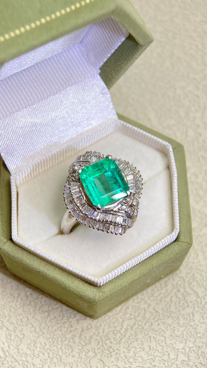 Pt900プラチナ＆エメラルド＆ダイヤモンドリング｜エメラルド3.49カラット｜ダイヤモンド1.00カラット｜日本製ヴィンテージエステートジュエリー-BBZW