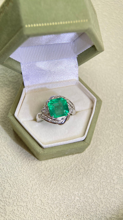 Pt900プラチナ＆エメラルド＆ダイヤモンドリング｜エメラルド3.98カラット｜ダイヤモンド0.43カラット｜コロンビア｜日本製ヴィンテージエステートジュエリー-BOYM