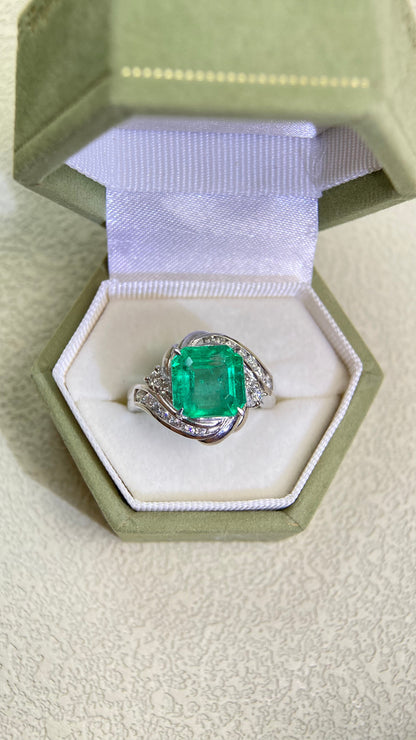 Pt900プラチナ＆エメラルド＆ダイヤモンドリング｜エメラルド3.98カラット｜ダイヤモンド0.43カラット｜コロンビア｜日本製ヴィンテージエステートジュエリー-BOYM