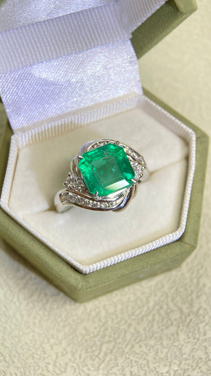 Pt900プラチナ＆エメラルド＆ダイヤモンドリング｜エメラルド3.98カラット｜ダイヤモンド0.43カラット｜コロンビア｜日本製ヴィンテージエステートジュエリー-BOYM