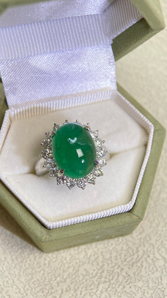 Pt900プラチナ＆エメラルド＆ダイヤモンドリング｜エメラルド6.91カラット｜ダイヤモンド1.10カラット｜日本製ヴィンテージエステートジュエリー-BQGX