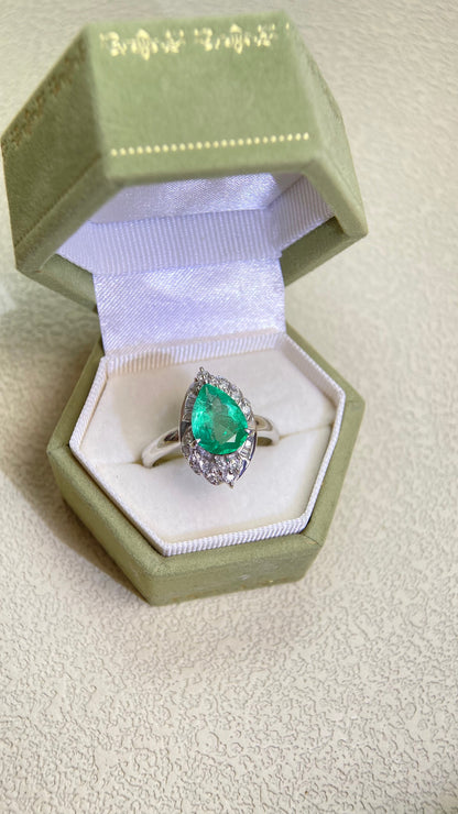 Pt900プラチナ＆エメラルド＆ダイヤモンドリング｜エメラルド1.72カラット｜ダイヤモンド0.38カラット｜日本製ヴィンテージエステートジュエリー-BMPL