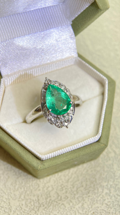 Pt900プラチナ＆エメラルド＆ダイヤモンドリング｜エメラルド1.72カラット｜ダイヤモンド0.38カラット｜日本製ヴィンテージエステートジュエリー-BMPL