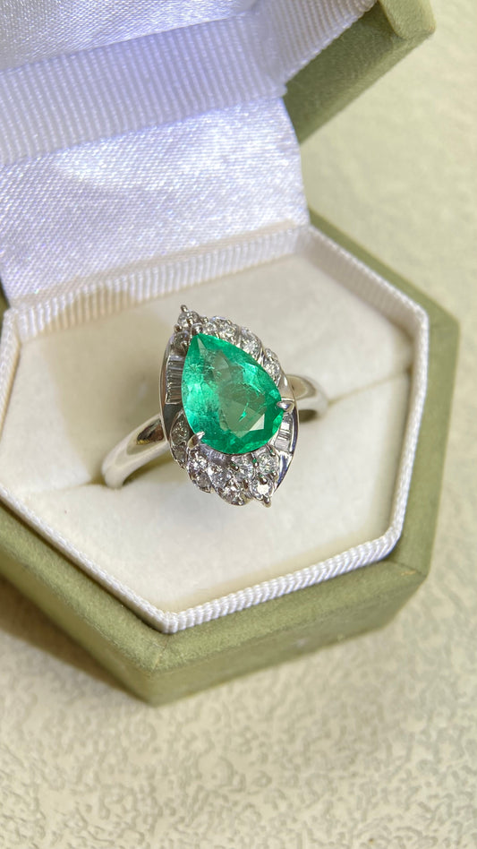 Pt900プラチナ＆エメラルド＆ダイヤモンドリング｜エメラルド1.72カラット｜ダイヤモンド0.38カラット｜日本製ヴィンテージエステートジュエリー-BMPL