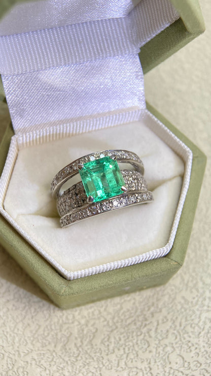 Pt900プラチナ＆エメラルド＆ダイヤモンドリング｜エメラルド2.20カラット｜ダイヤモンド1.00カラット｜日本製ヴィンテージエステートジュエリー-BLZZ