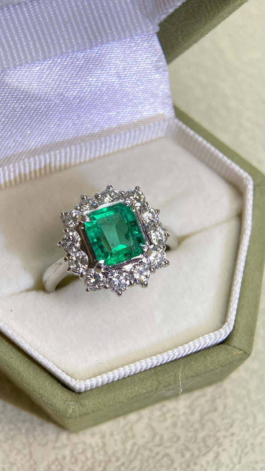 Pt900プラチナ＆エメラルド＆ダイヤモンドリング｜エメラルド1.13カラット｜ダイヤモンド0.90カラット｜日本製ヴィンテージエステートジュエリー-BHPW