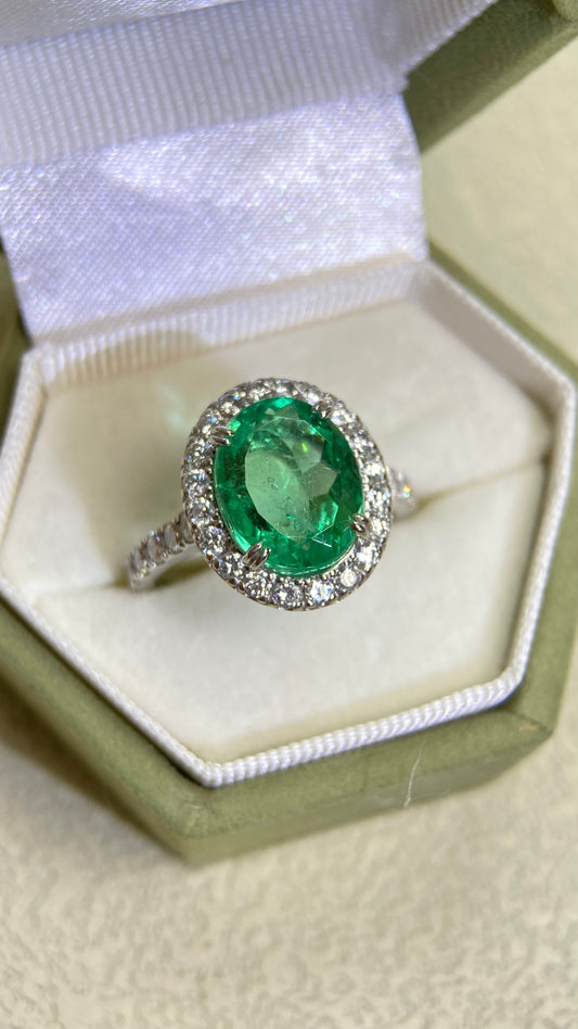 Pt950プラチナ＆エメラルド＆ダイヤモンドリング｜エメラルド3.41カラット｜ダイヤモンド0.82カラット｜日本製ヴィンテージエステートジュエリー-BBZQ