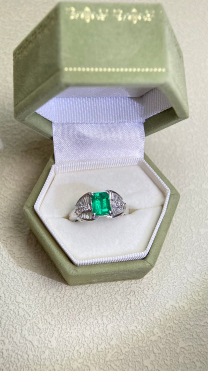 Pt900プラチナ＆エメラルド＆ダイヤモンドリング｜エメラルド1.12ct｜ダイヤモンド0.44ct｜コロンビア産ムゾグリーン｜日本製ヴィンテージエステートジュエリー-BMGP