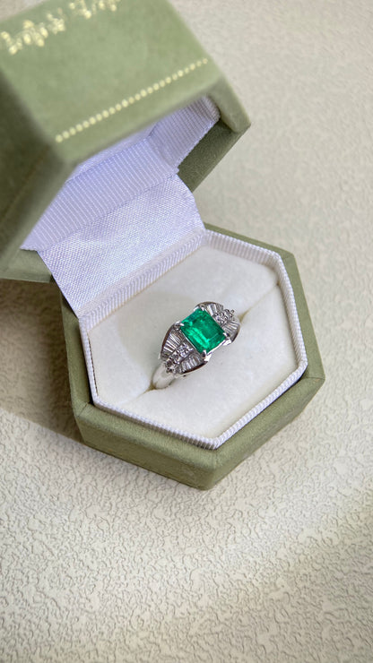 Pt900プラチナ＆エメラルド＆ダイヤモンドリング｜エメラルド1.12ct｜ダイヤモンド0.44ct｜コロンビア産ムゾグリーン｜日本製ヴィンテージエステートジュエリー-BMGP