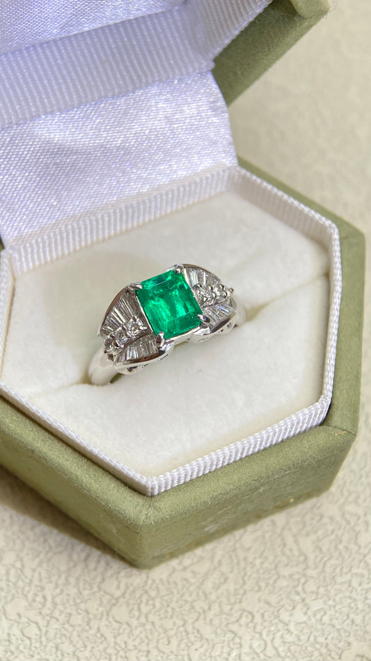 Pt900プラチナ＆エメラルド＆ダイヤモンドリング｜エメラルド1.12ct｜ダイヤモンド0.44ct｜コロンビア産ムゾグリーン｜日本製ヴィンテージエステートジュエリー-BMGP