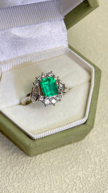 Pt900プラチナ＆エメラルド＆ダイヤモンドリング｜エメラルド1.28カラット｜ダイヤモンド0.58カラット｜コロンビア｜日本製ヴィンテージエステートジュエリー-BMVB