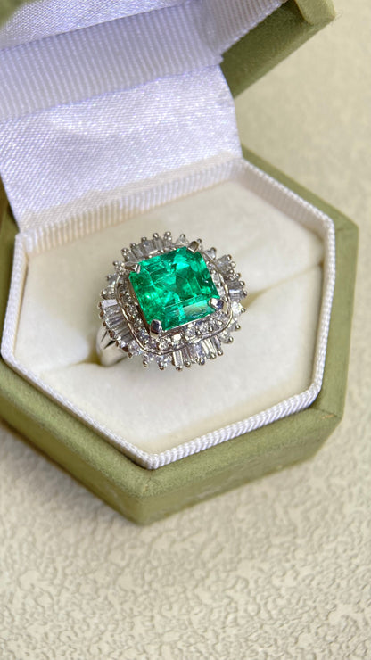 Pt900プラチナ＆エメラルドダイヤモンドリング｜エメラルド2.67ct、ダイヤモンド0.75ct｜日本製ヴィンテージエステートジュエリー-BBTS
