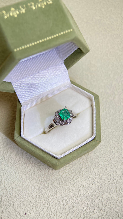 Pt850プラチナ＆エメラルド＆ダイヤモンドリング｜エメラルド0.41ct｜ダイヤモンド0.17ct｜日本製ヴィンテージエステートジュエリー-BPOH