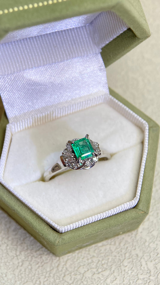 Pt850プラチナ＆エメラルド＆ダイヤモンドリング｜エメラルド0.41ct｜ダイヤモンド0.17ct｜日本製ヴィンテージエステートジュエリー-BPOH