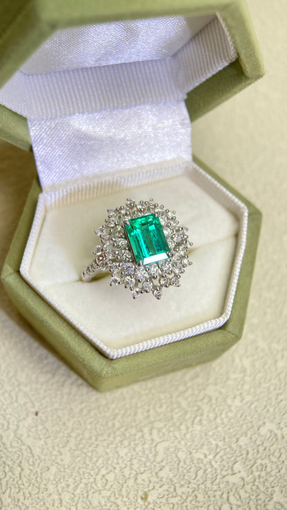 Pt950 Platinum&Emerald and Diamond Ring | Emerald 1.52ct | Diamond 1.04ct | F1-Colombia | Japanese Vintage Estate Jewelry-BFMJ