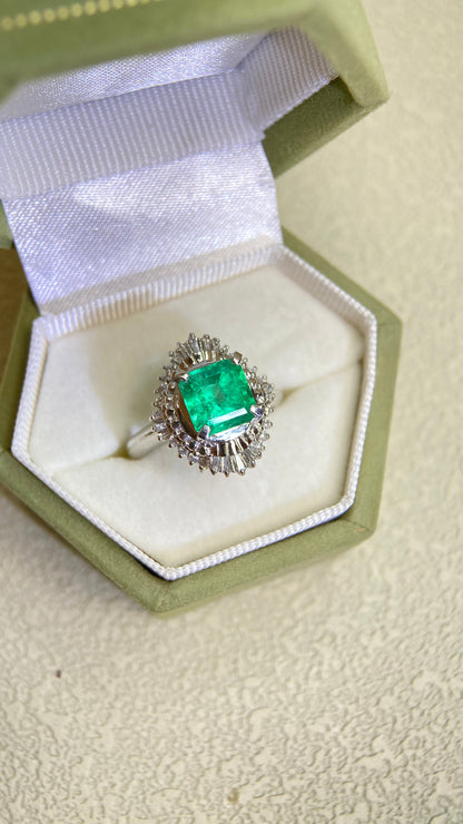 Pt900プラチナ＆エメラルド＆ダイヤモンドリング｜エメラルド1.53カラット｜ダイヤモンド0.30カラット｜日本製ヴィンテージエステートジュエリー-BQVV