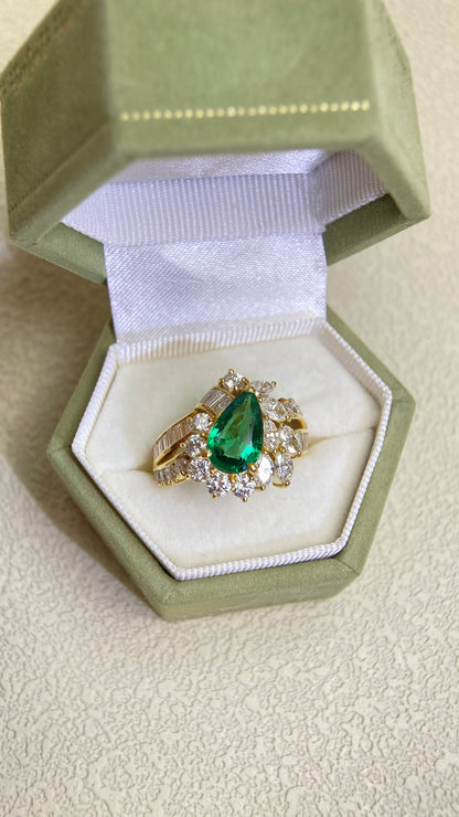 K18 Gold&Emerald Diamond Ring | Emerald 1.55ct | Diamond 2.05ct | Vivid Green | Japanese Vintage Estate Jewelry-BQJK