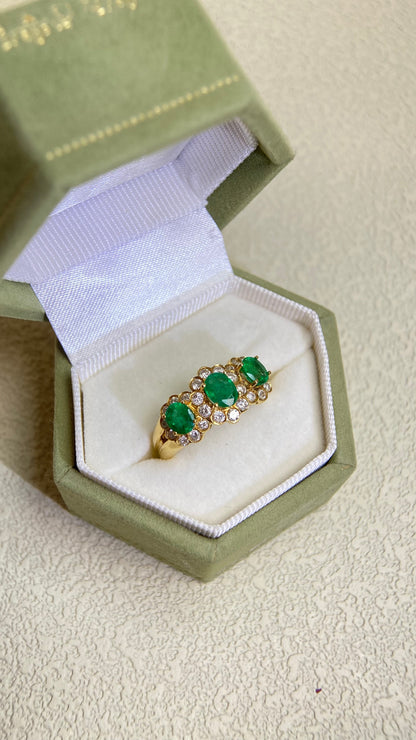 K18ゴールド＆エメラルドダイヤモンドリング｜エメラルド1.00ct、ダイヤモンド0.452ct｜日本製ヴィンテージエステートジュエリー-BDVG