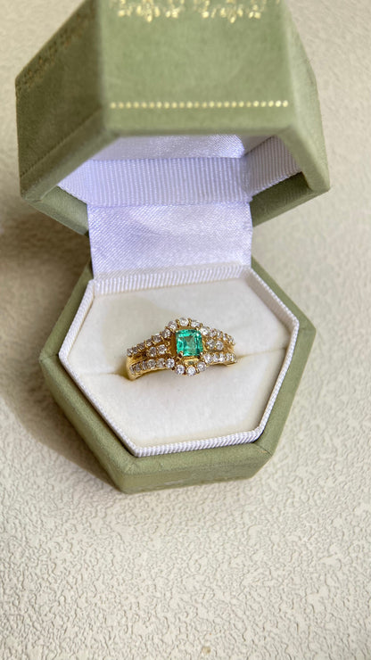 K18ゴールド＆エメラルドダイヤモンドリング｜エメラルド0.54ct、ダイヤモンド0.45ct｜日本製ヴィンテージエステートジュエリー-BCKV