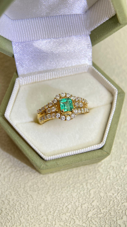 K18ゴールド＆エメラルドダイヤモンドリング｜エメラルド0.54ct、ダイヤモンド0.45ct｜日本製ヴィンテージエステートジュエリー-BCKV