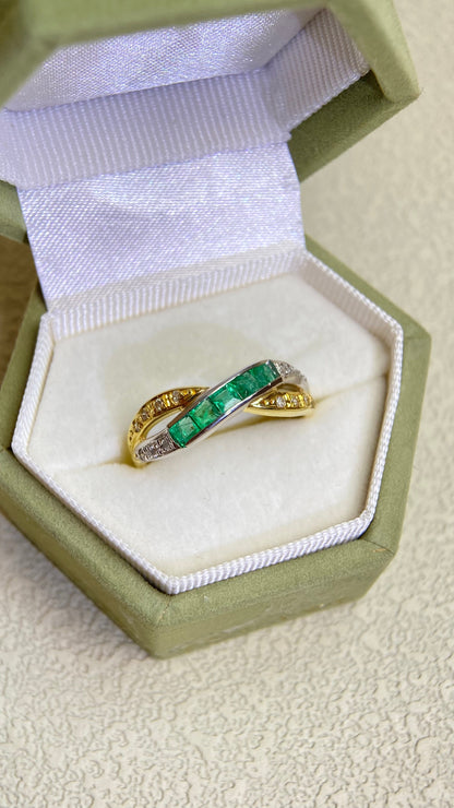 K18ゴールド/Pt900プラチナ＆エメラルドダイヤモンドリング｜エメラルド0.45ct ダイヤモンド0.12ct｜日本製ヴィンテージエステートジュエリー-BOHS